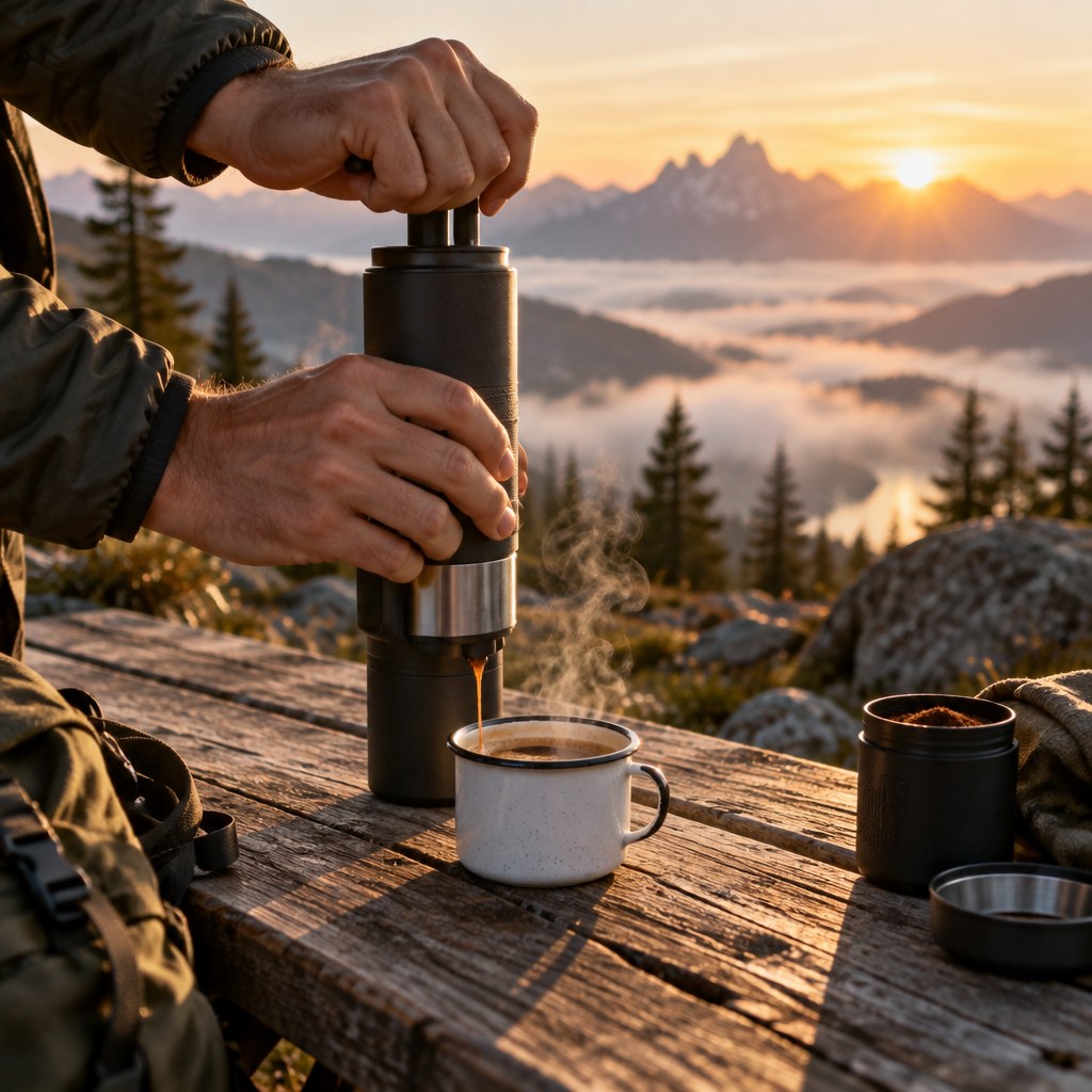 Pourano Nomad pulling an espresso shot on a campsite table at sunrise