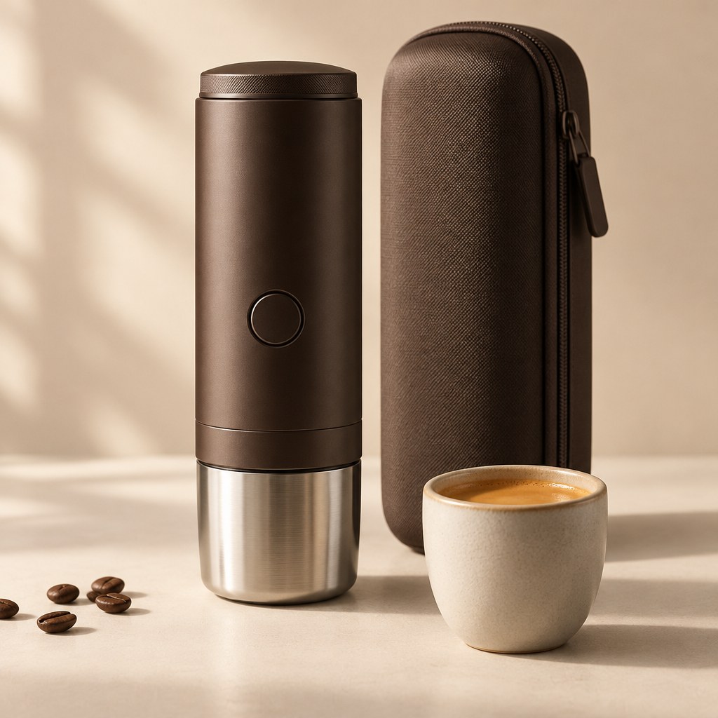 Pourano Nomad portable espresso maker with travel case and cup