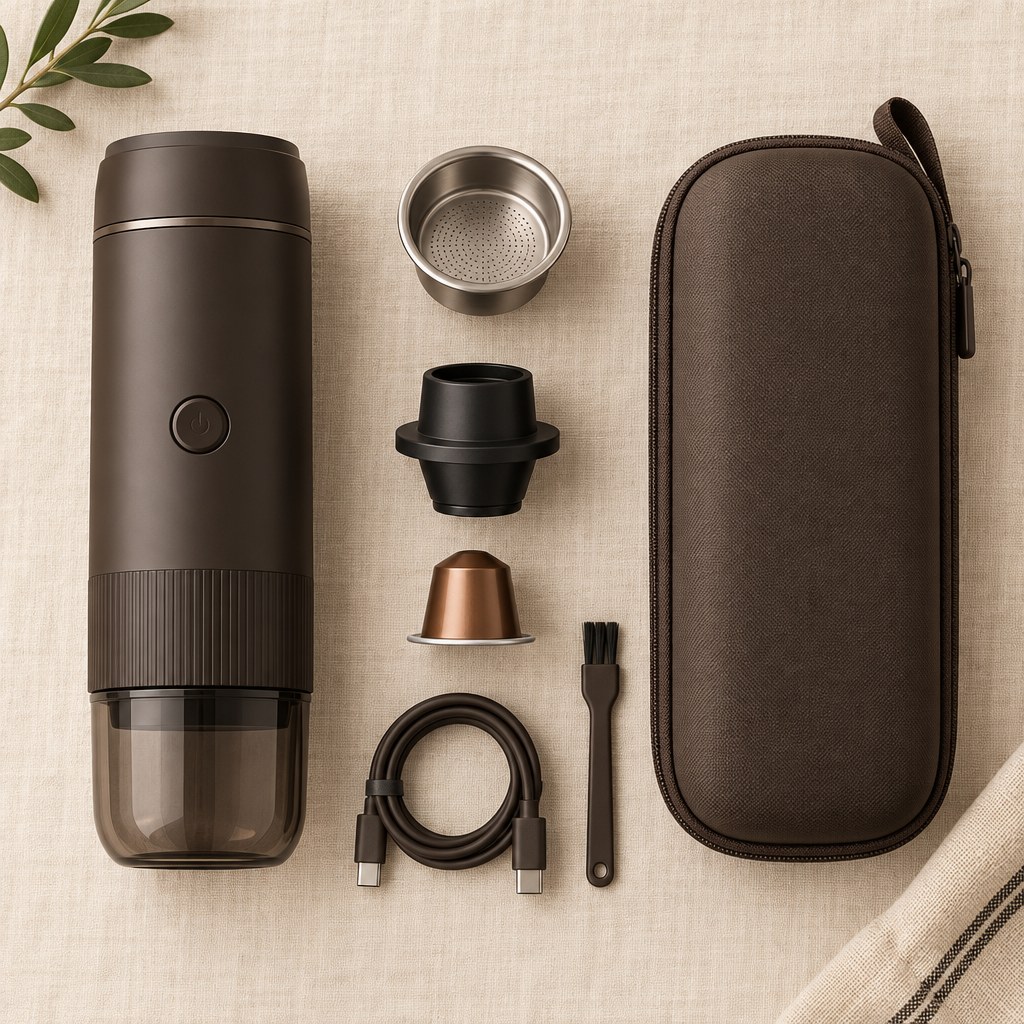 Pourano Nomad components laid out: brewer, basket, capsule adapter and travel case